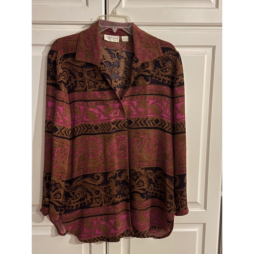 Dana Buchman Petites Silk Paisley Print Button Up Blouse‎ Shirt Top Women 10